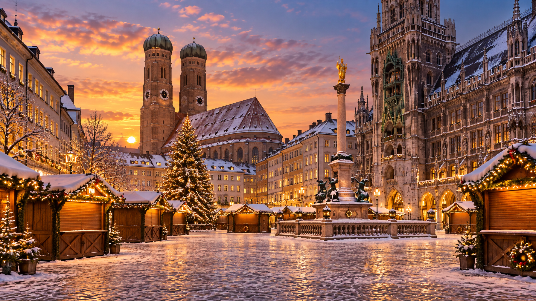 Empty snowy Munich Marienplatz at sunset with Frauenkirche onion domes, the gothic town hall, a Christmas tree, and closed wooden market stalls