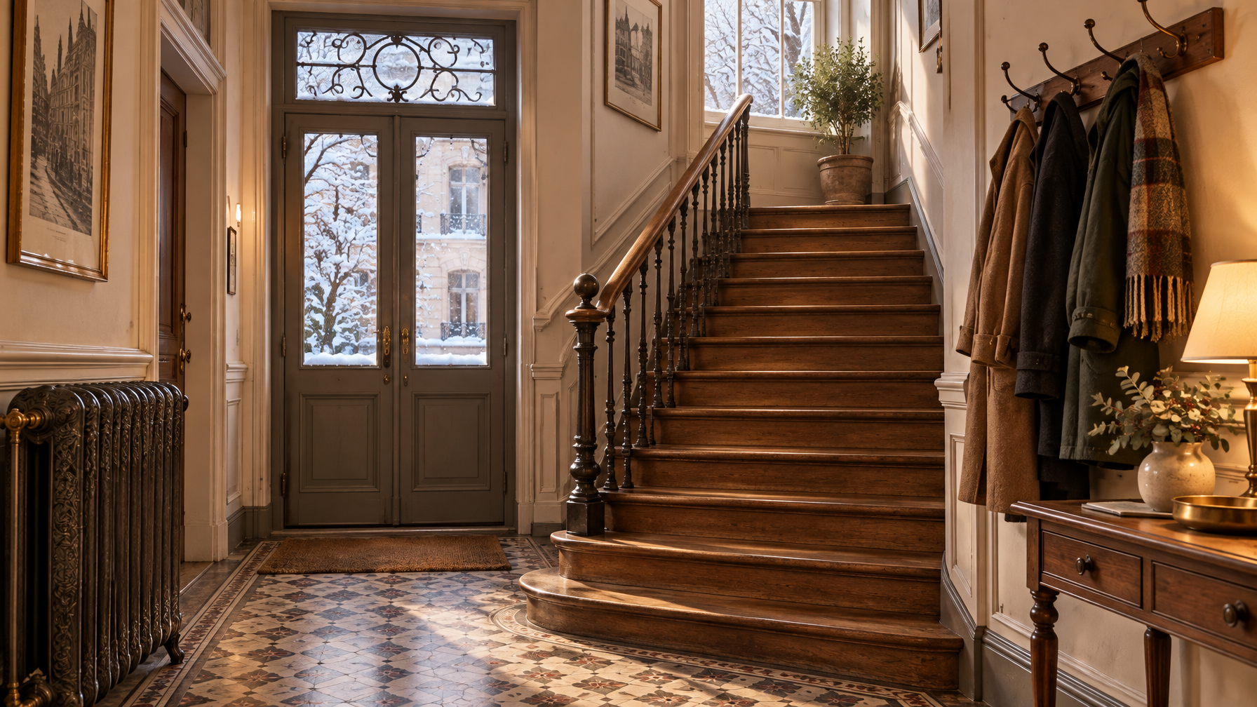 Historic European stair hall with wooden stairs, a cast-iron radiator, winter coats on wall hooks, tiled floor, and snow visible through grey double doors
