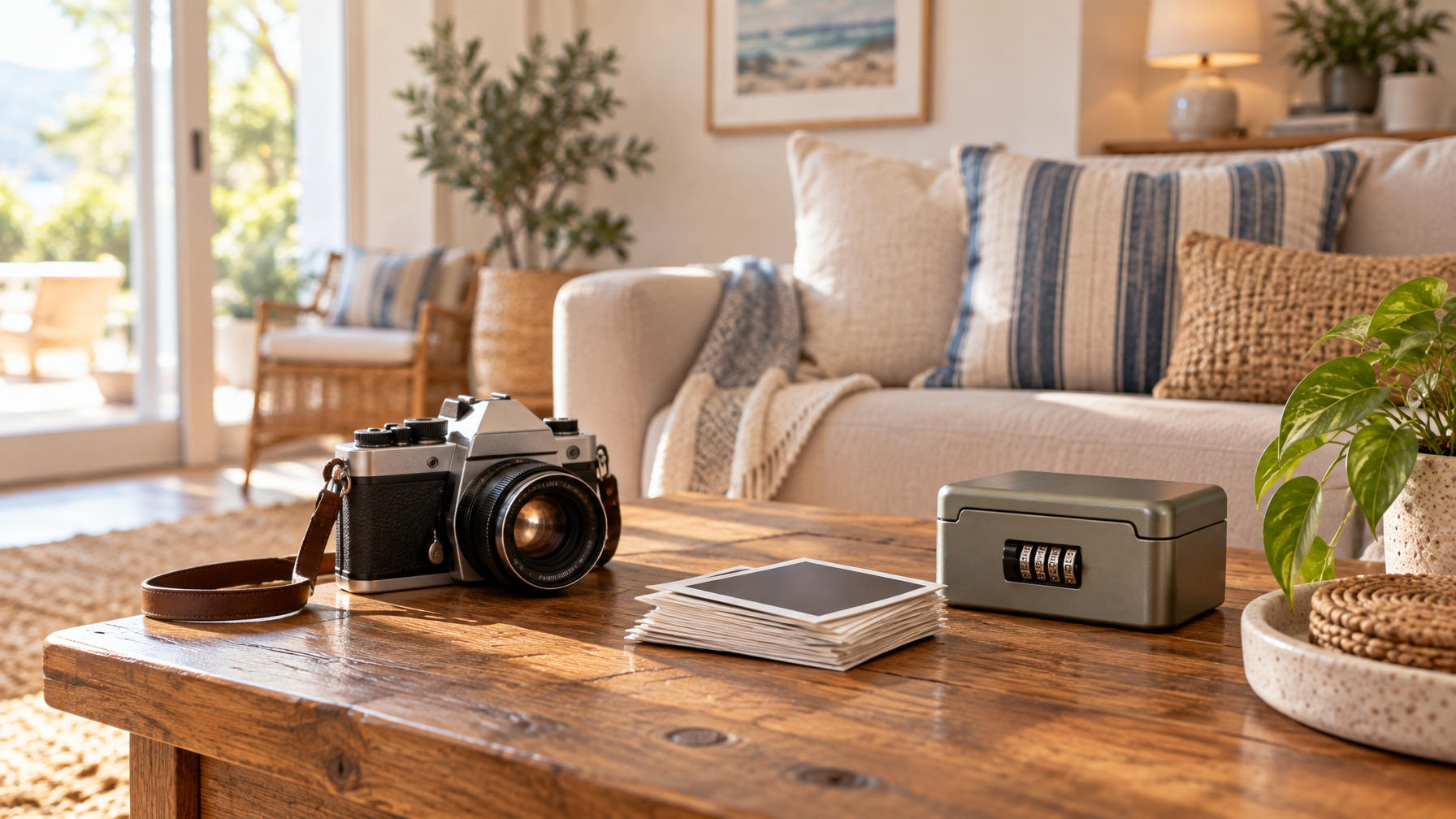 Living room coffee table with vintage camera, face-down photo stack, olive combination lockbox, striped sofa, no people
