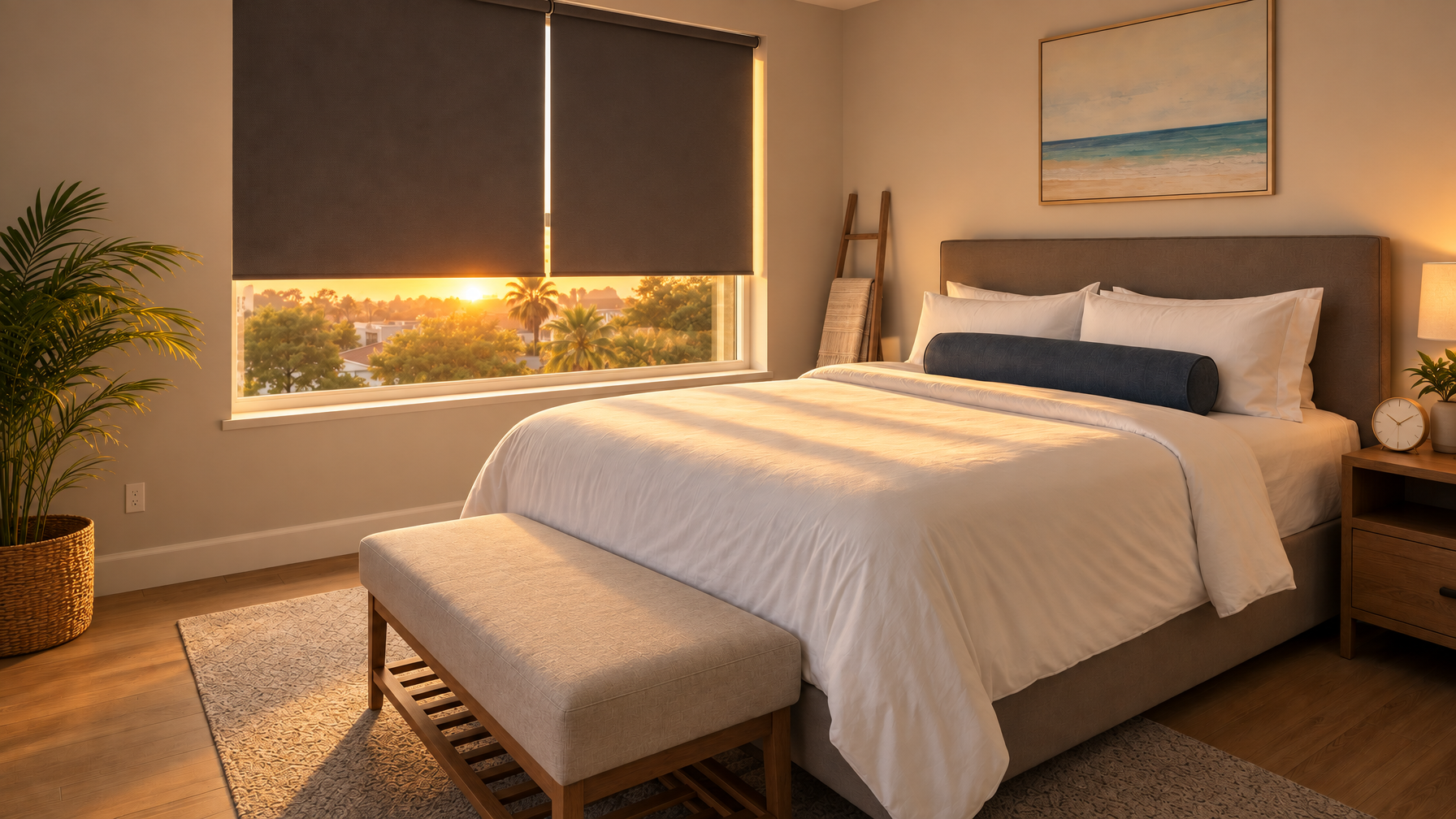 Bedroom with white linens, navy bolster, charcoal roller shades, analog clock on nightstand, sunset through trees, empty