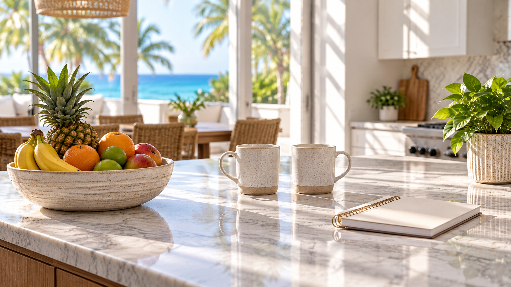 Marble kitchen island with fruit bowl, two ceramic mugs, closed notepad, ocean palms through windows, no people