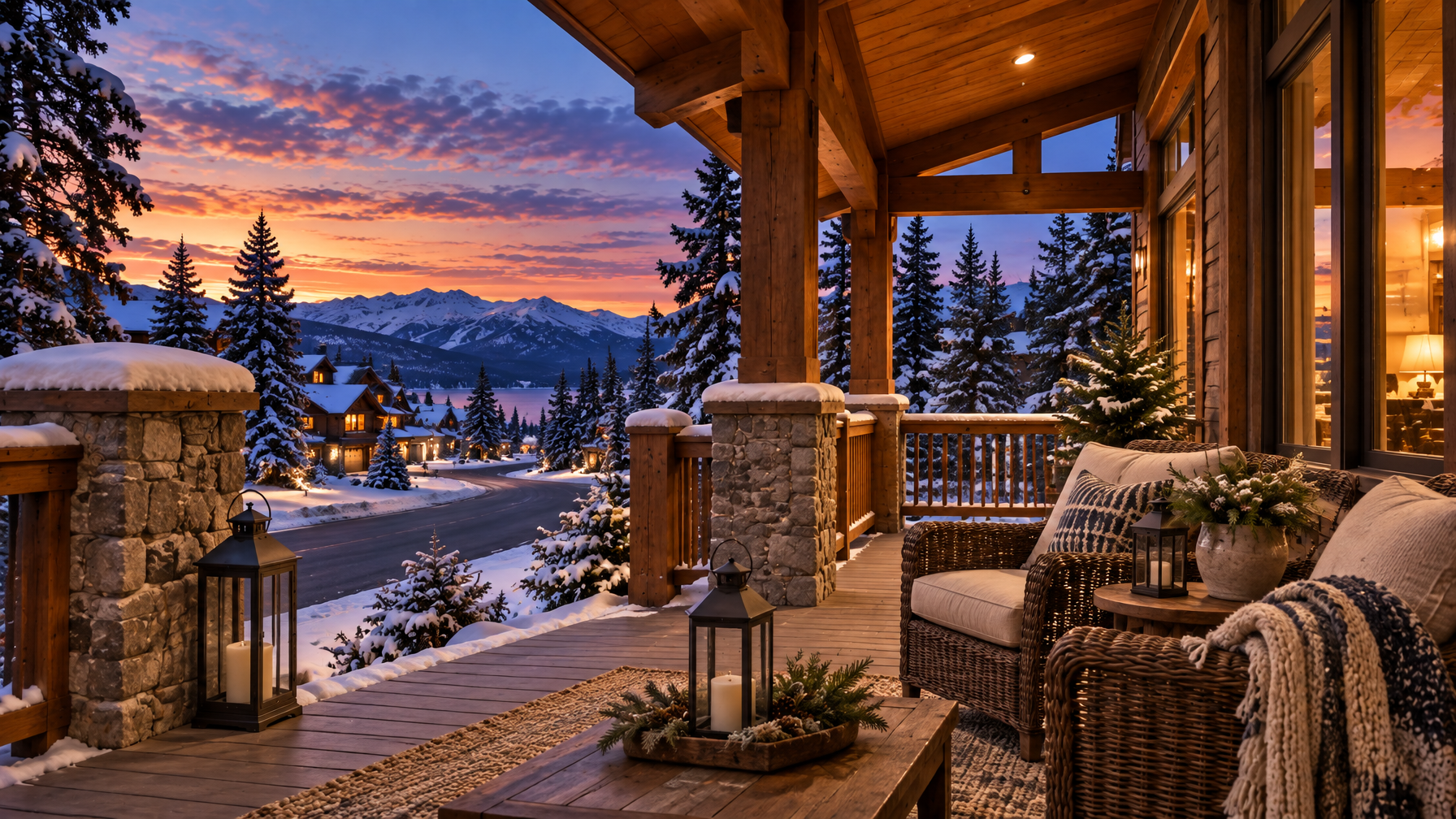 Snowy timber porch at dusk with wicker chairs, lanterns, empty street, pines and mountains, no people