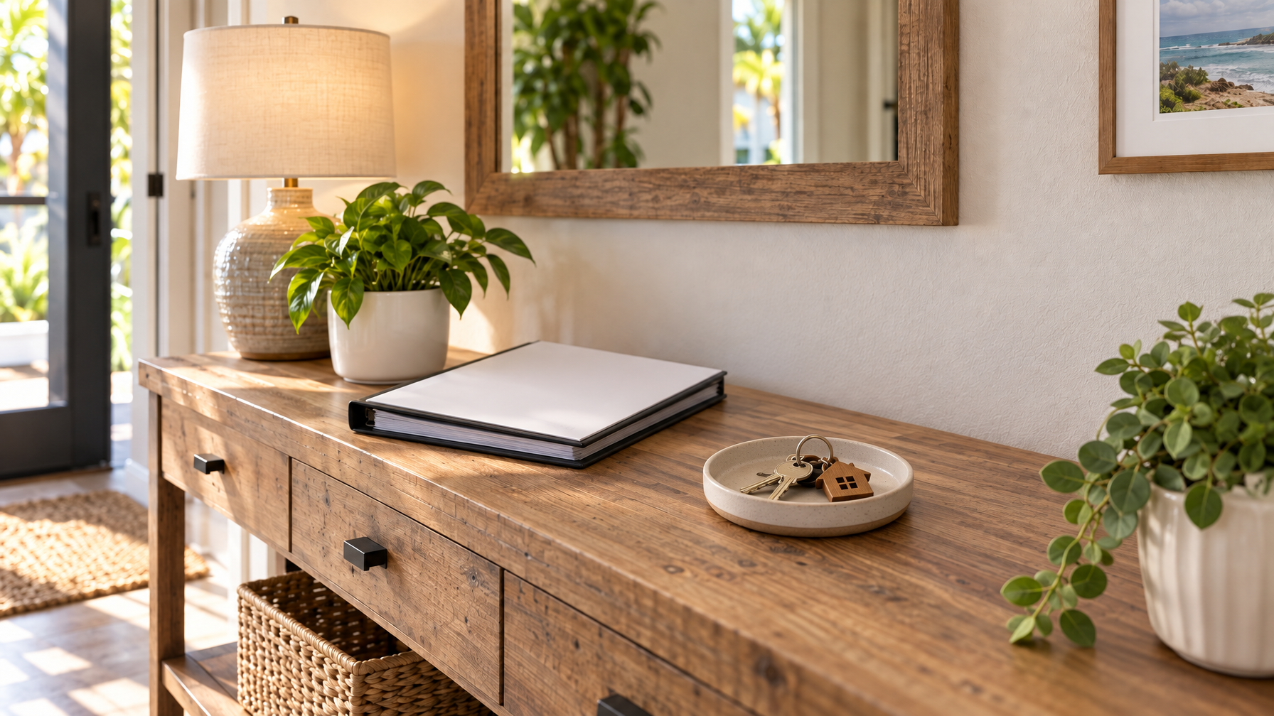 Rustic entry console with blank welcome binder, ceramic dish of house keys, lamp, and plants, empty hallway