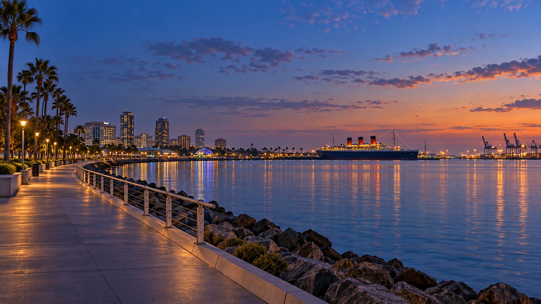 Empty Long Beach harbor promenade at blue hour with palms, a metal rail, still water, and a four-funnel ship across the bay