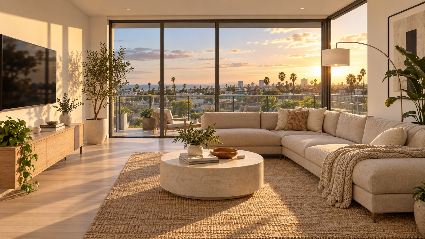 Empty beige sectional living room with floor-to-ceiling windows, round stone coffee table, and a sunset view of palms and low roofs