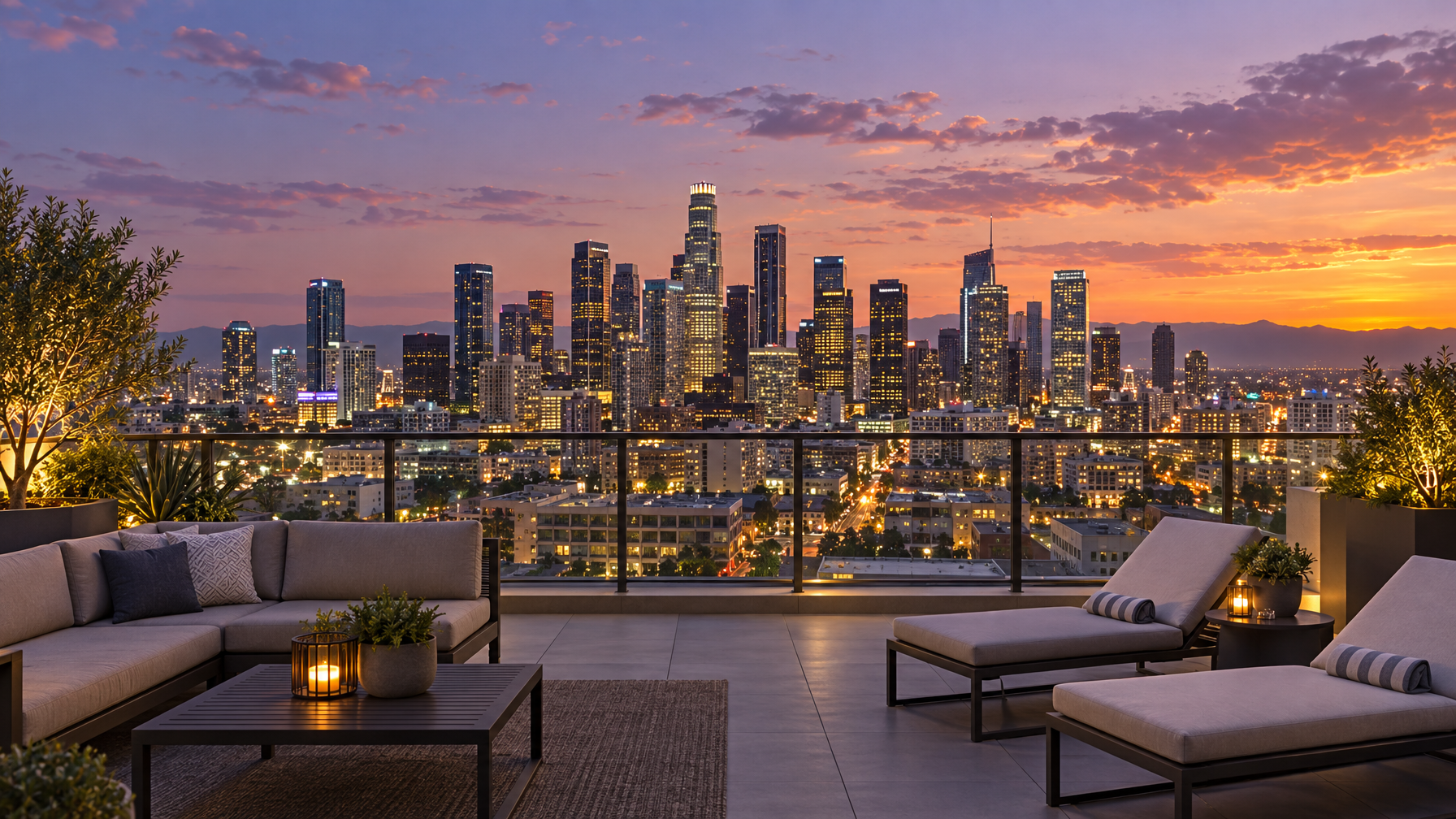 Empty Downtown Los Angeles rooftop terrace at dusk with lounge chairs, a glass rail, and lit skyscrapers