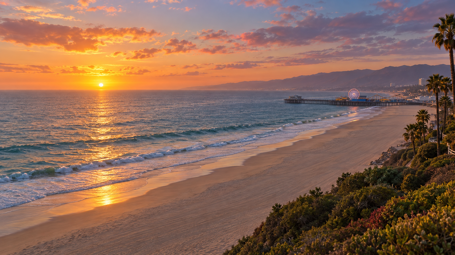 Santa Monica beach at sunset from a bluff, empty sand, Pacific waves, and the pier Ferris wheel in the distance