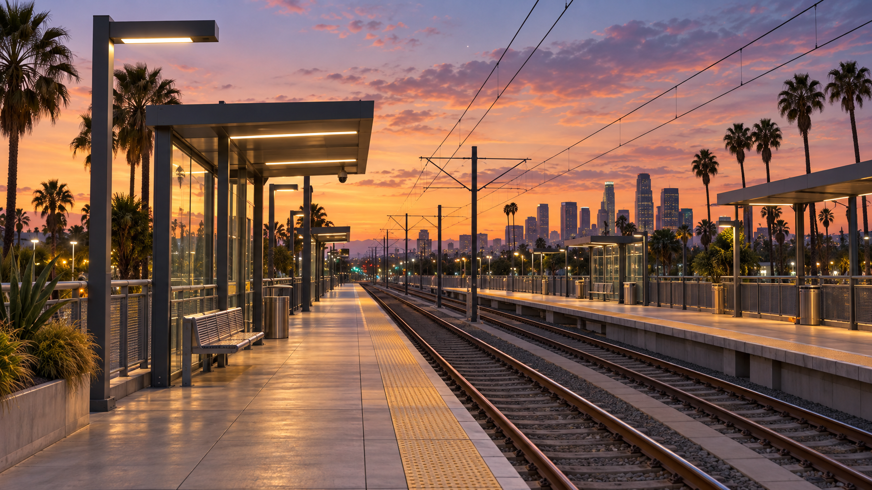 Empty Los Angeles Metro light-rail platform at sunset with vacant tracks, glass shelters, palms, and a distant skyline