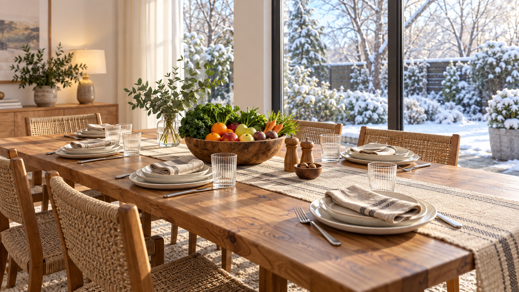 Long wooden dining table set for a weekly stay with stacked plates, produce bowl, and snowy garden windows