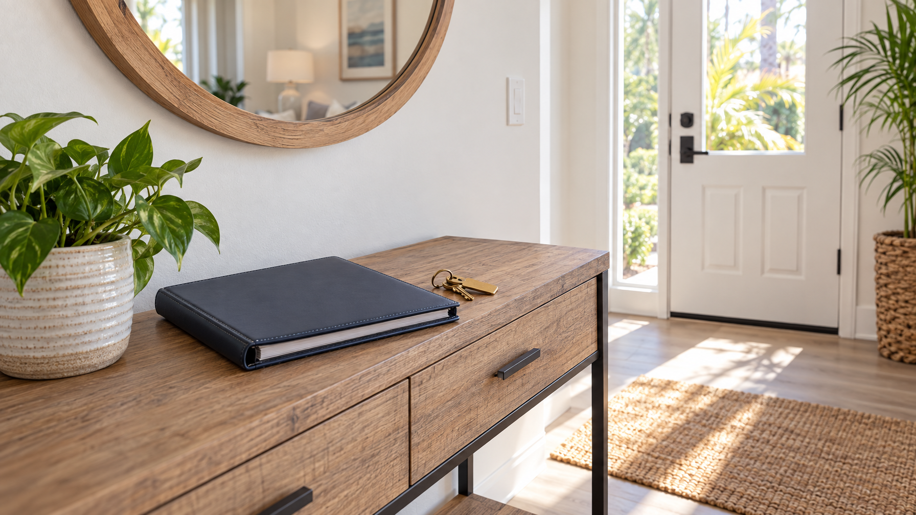 Entry console with a closed navy binder, brass keys, pothos plant, and daylight through a white front door