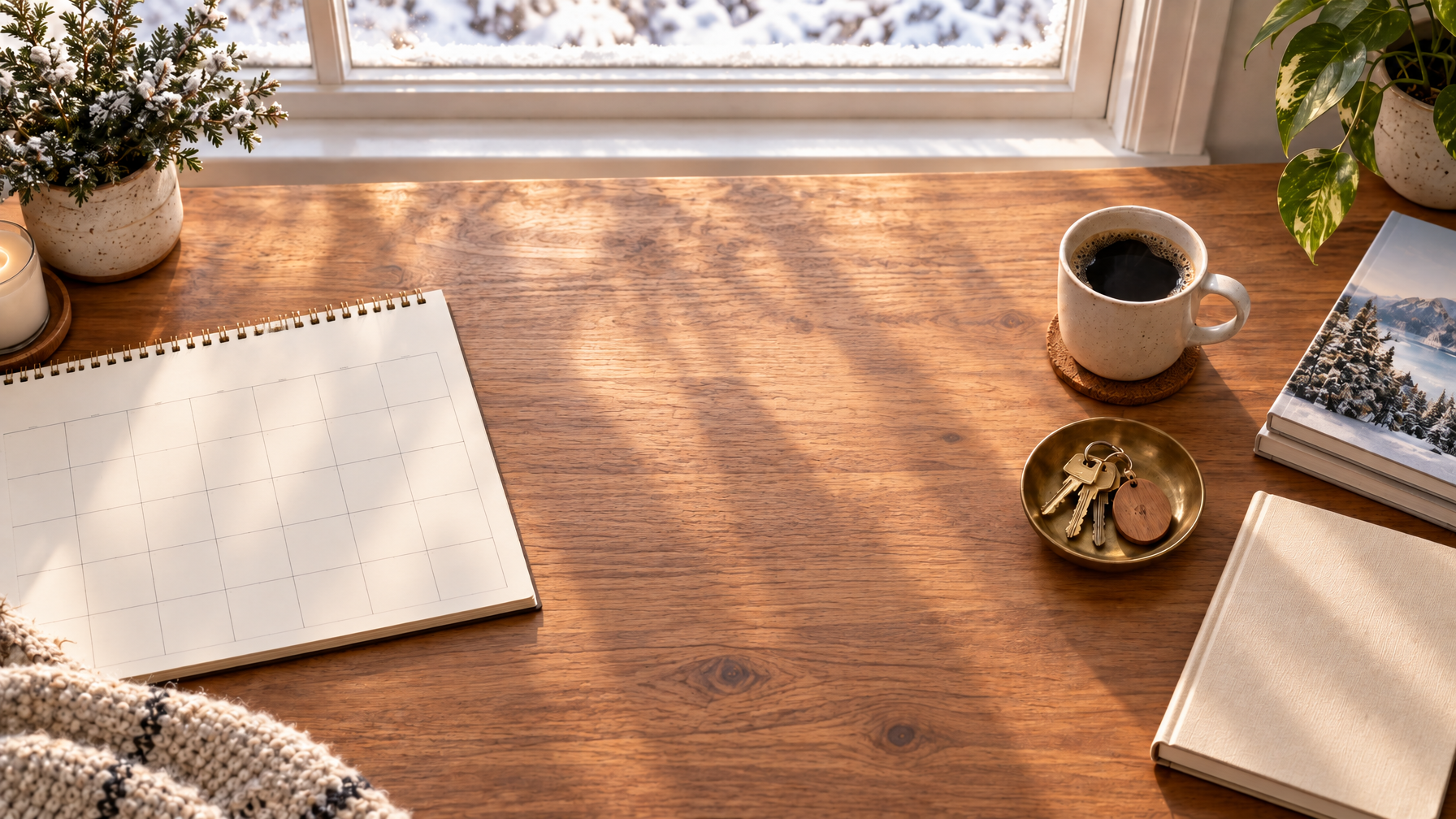 Wooden host desk with a blank calendar grid, brass keys in a dish, coffee cup, and snow outside the window