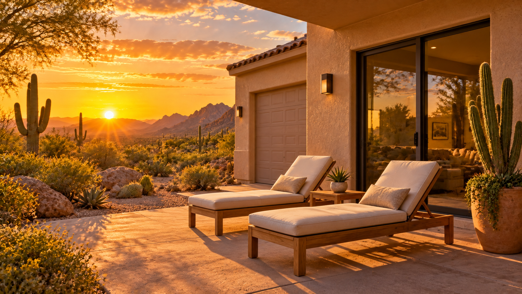 Empty desert patio at sunset with two teak lounge chairs, a garage door, and saguaros against mountains