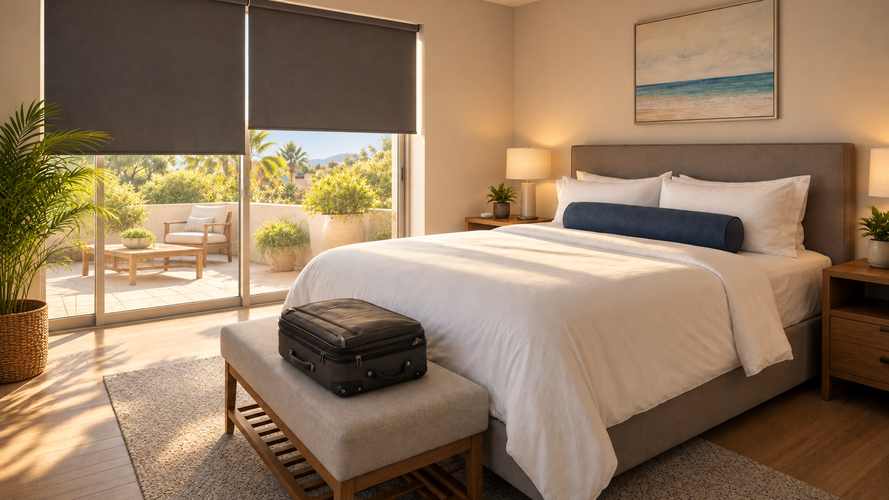 Empty guest bedroom with white linens, a suitcase on a bench, and half-open blackout shades to a sunny patio