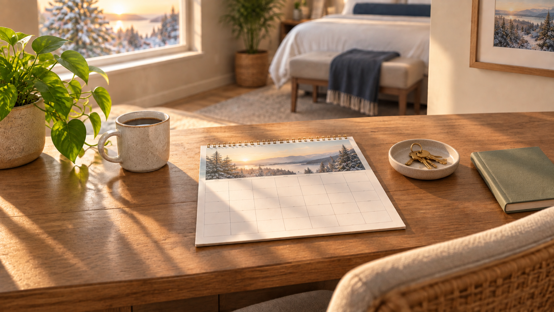 Wooden desk with a blank monthly calendar, coffee mug, brass keys in a dish, and a closed notebook