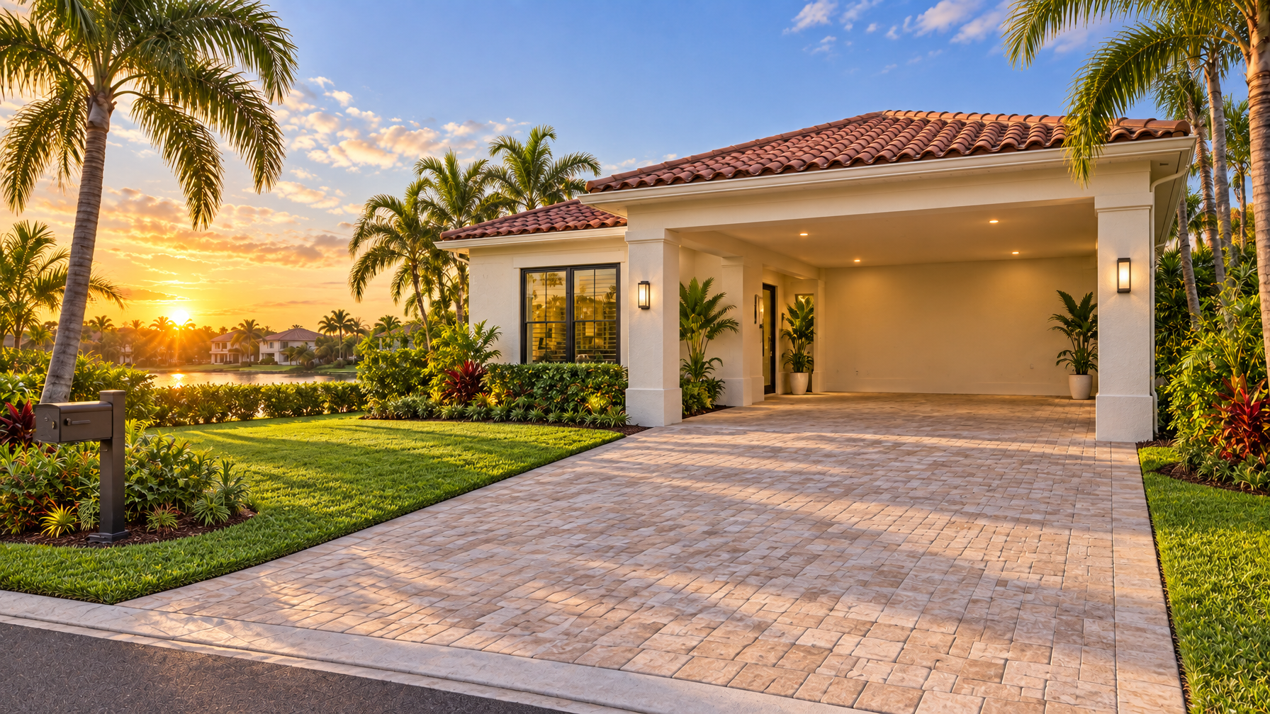 Empty paver driveway and open carport of a single-story tile-roof house with palms, lawn, and a mailbox at sunset