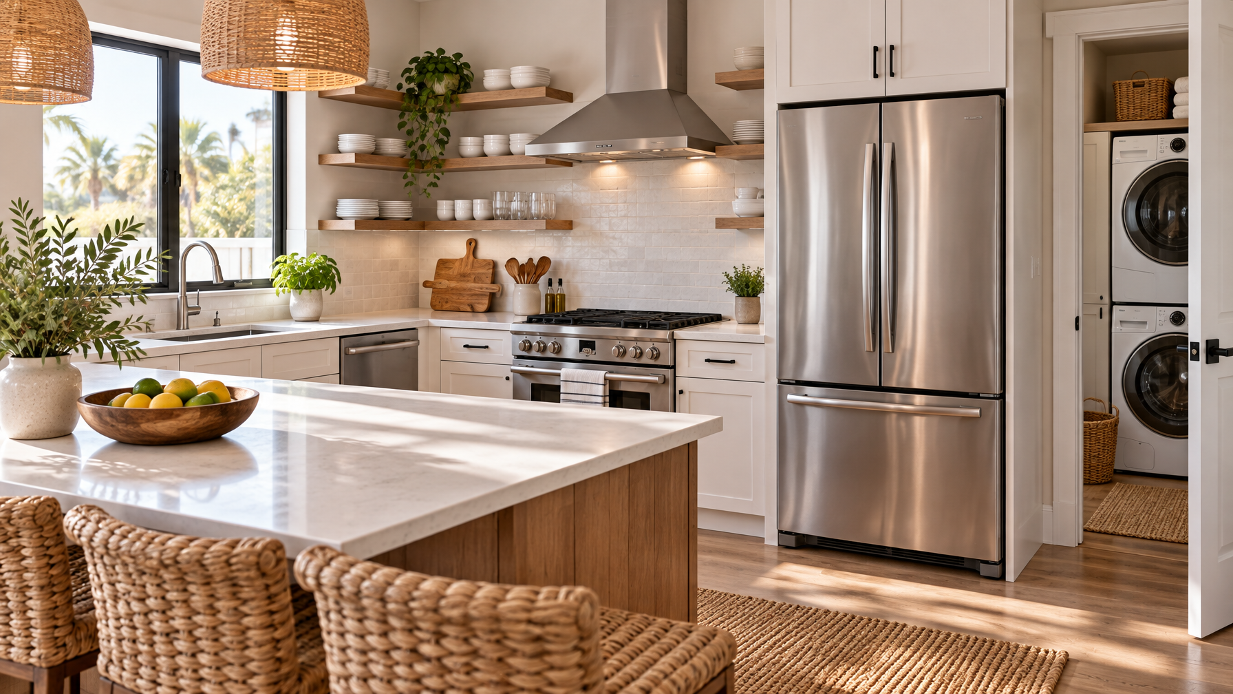 Sunlit kitchen with a full-size stainless fridge, gas range, island, and stacked washer and dryer through an open laundry door