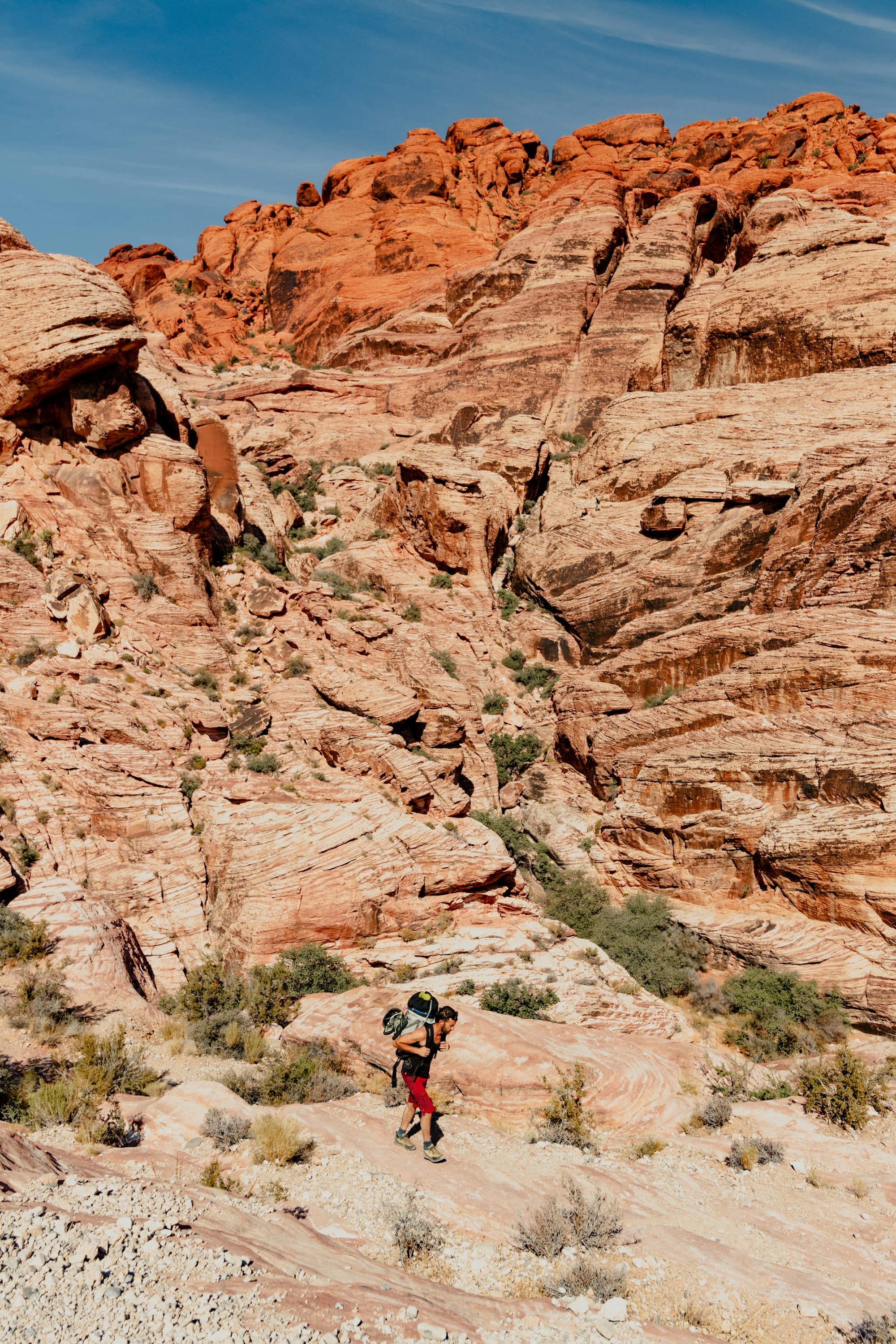 Hiker on a red sandstone trail under a clear sky at Red Rock Canyon, Nevada