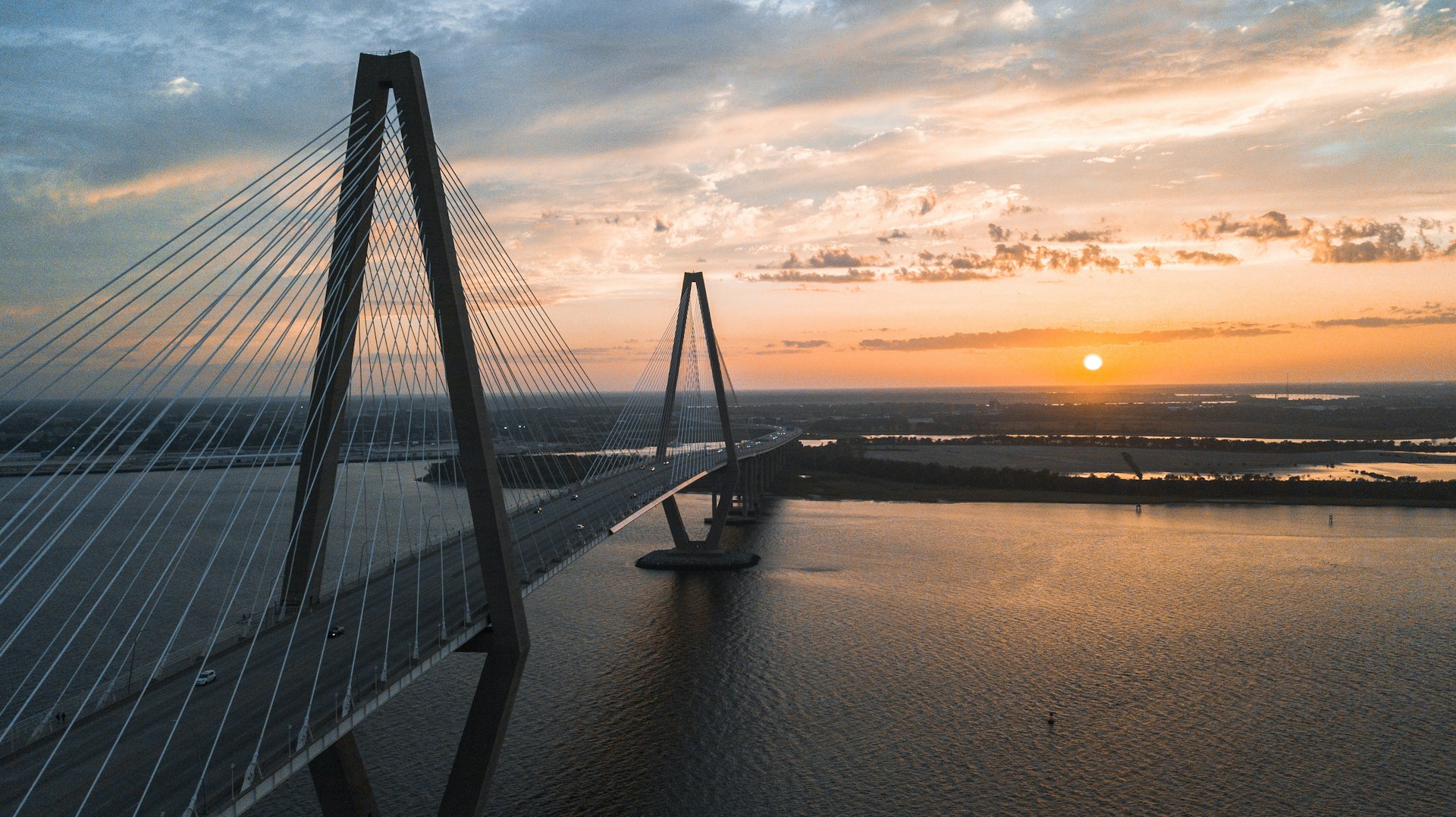 Arthur Ravenel Jr. Bridge at golden hour from Mount Pleasant Waterfront Park