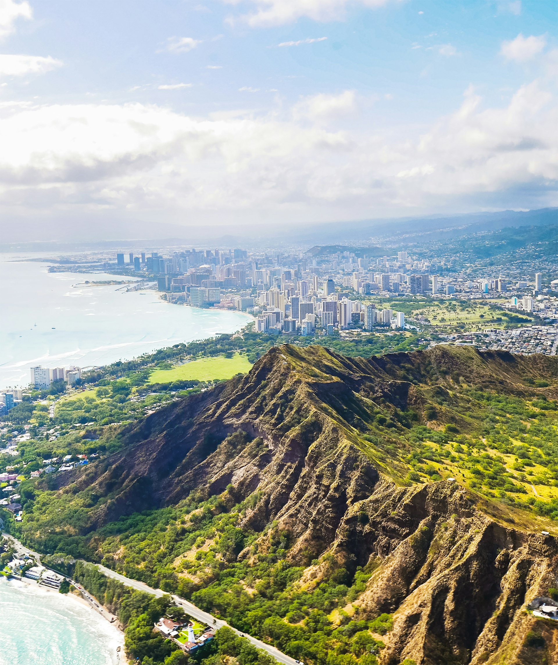 Aerial view of Diamond Head crater and Honolulu coastline