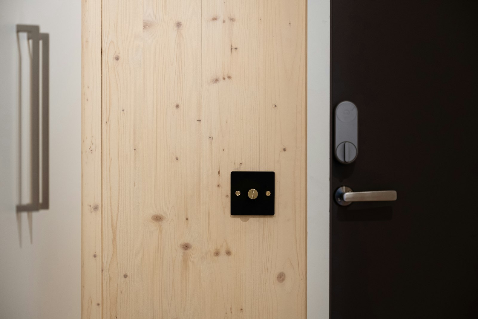 Front door with a black handle on a white entrance