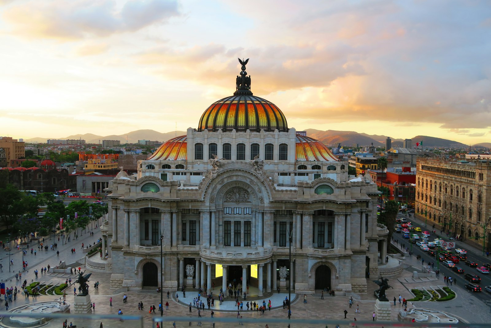 Palacio de Bellas Artes with its domed roof and marble facade in Mexico City's historic center