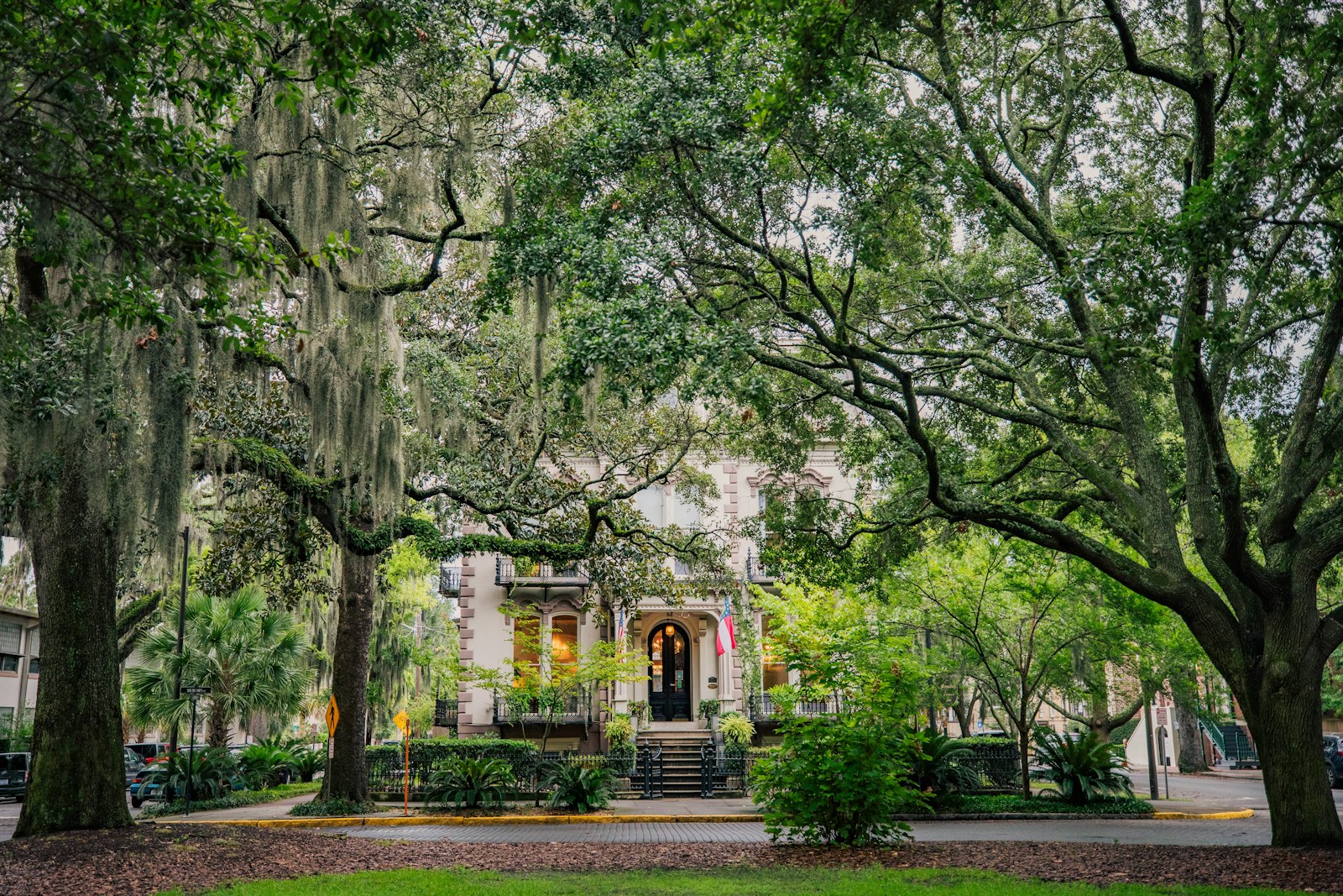 View down one of the oak-shaded squares in Savannah's Historic District
