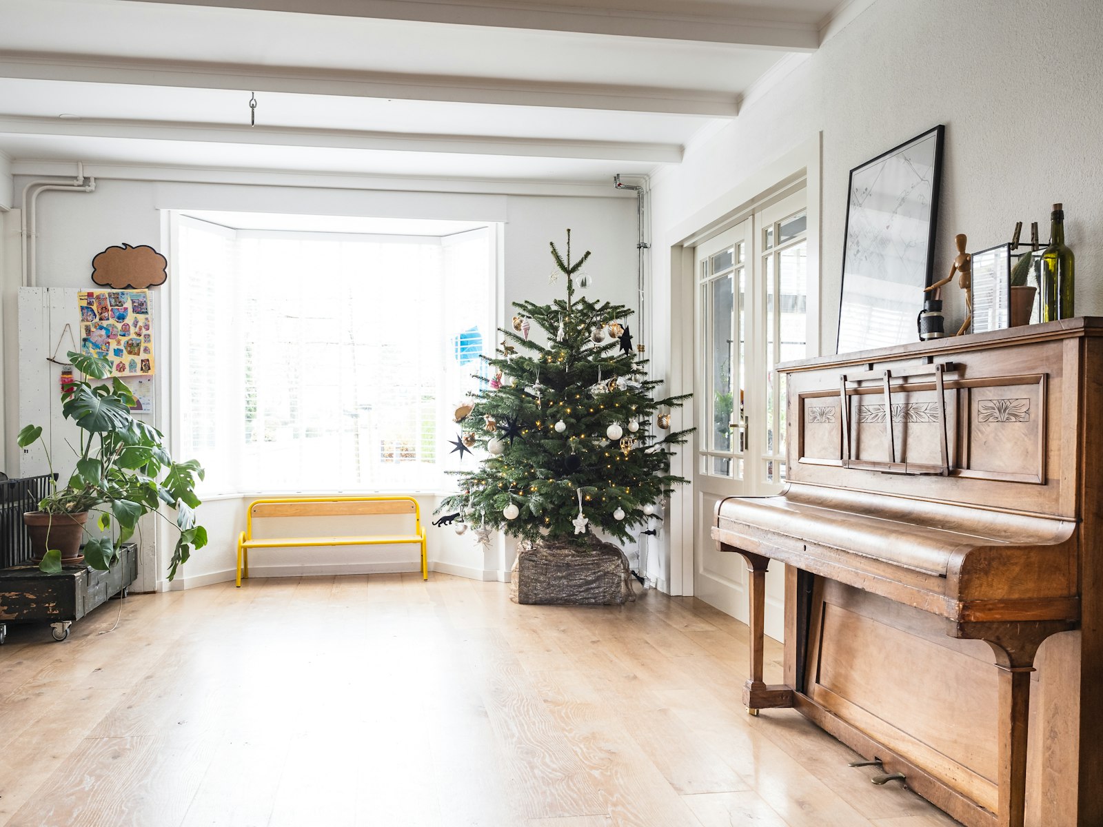 Christmas tree with lights in a living room