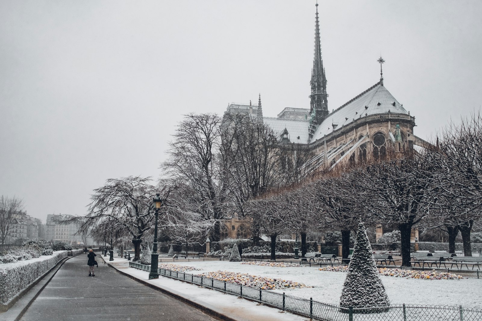 Paris street and rooftops under snow