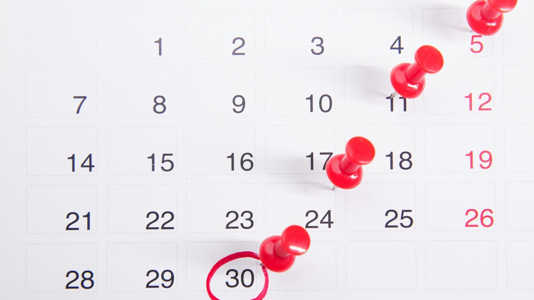 A wall calendar with red pins marking specific dates