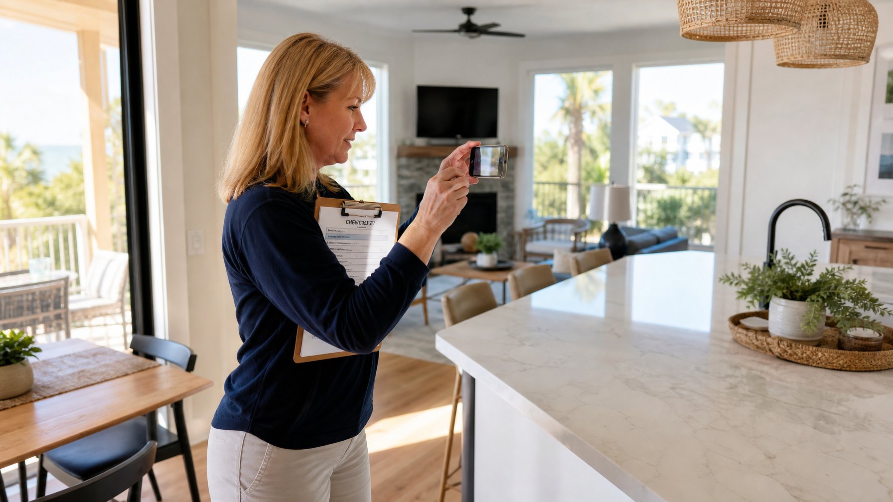 Vacation rental host photographing the kitchen counter during a post-checkout property inspection to document condition for security deposit returns and damage claims