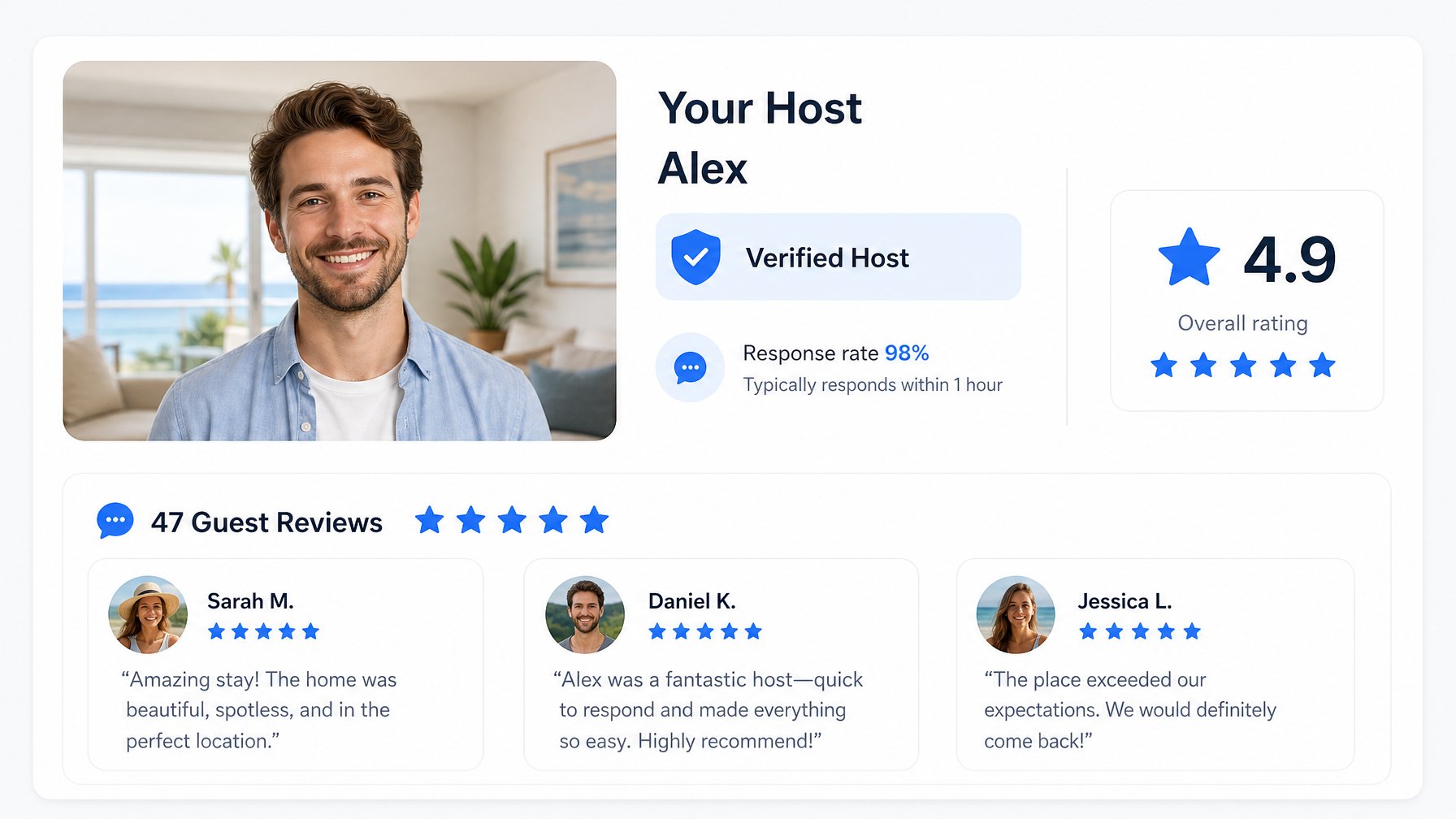 Vacation rental direct booking page trust signals including a verified host badge with blue checkmark, 98 percent response rate, 4.9 star rating, and guest review snippets
