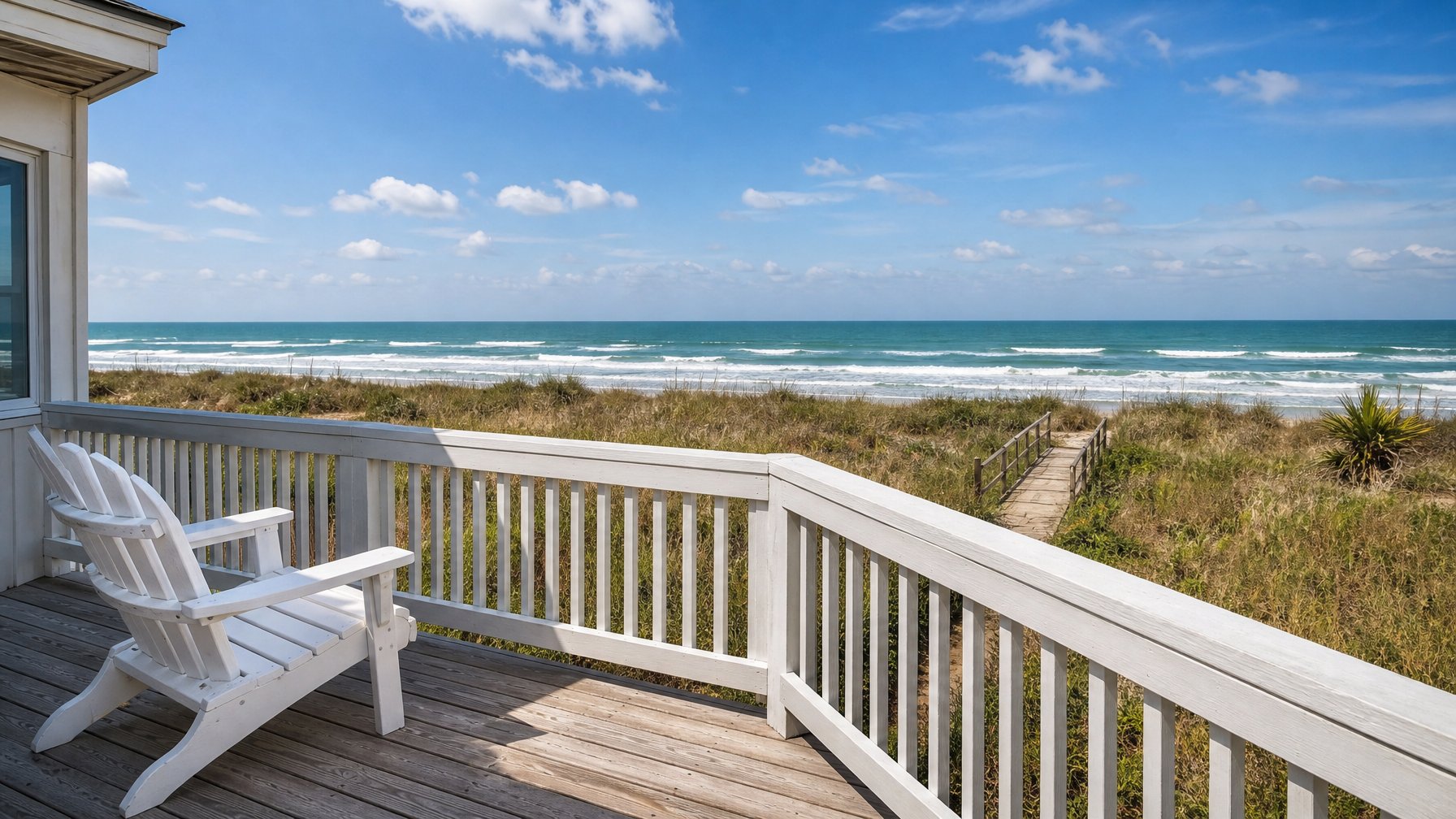 Gulf-front beach house vacation rental at Port Aransas Texas with wide cedar deck, sea oats, and the Gulf of Mexico stretching to the horizon
