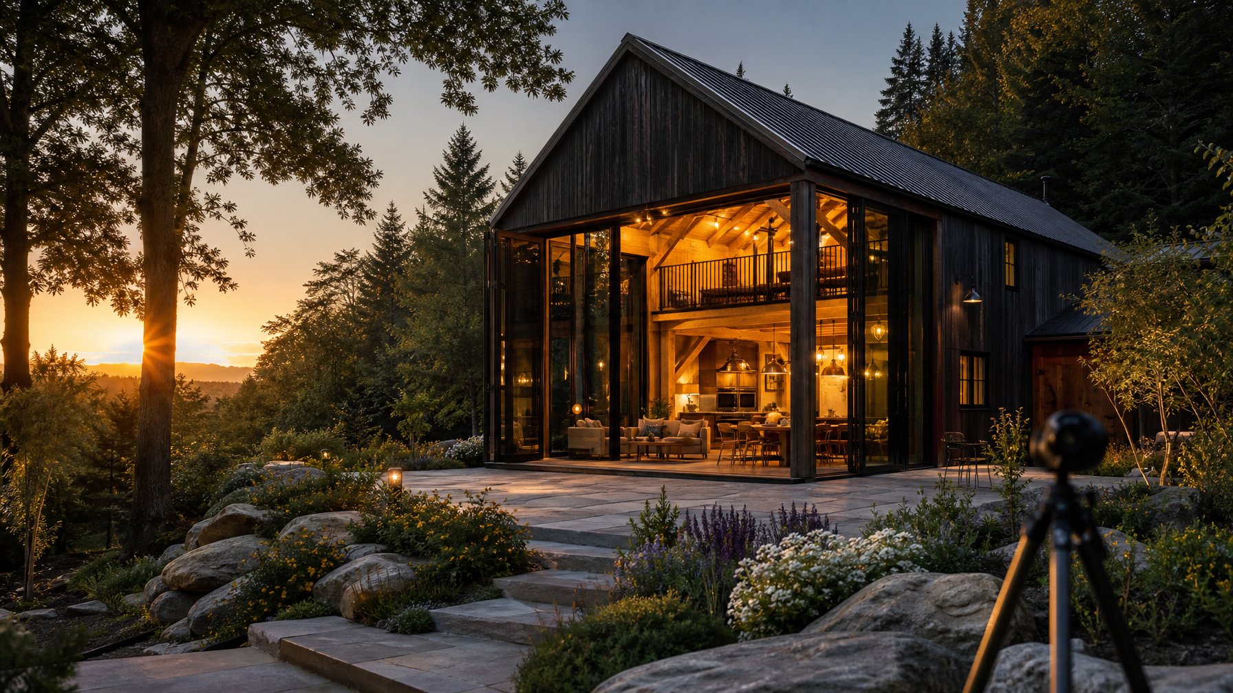 Modern glass-walled barn cabin nestled in forest at golden hour with warm interior lights glowing — a press-ready vacation rental property listed direct on Houfy