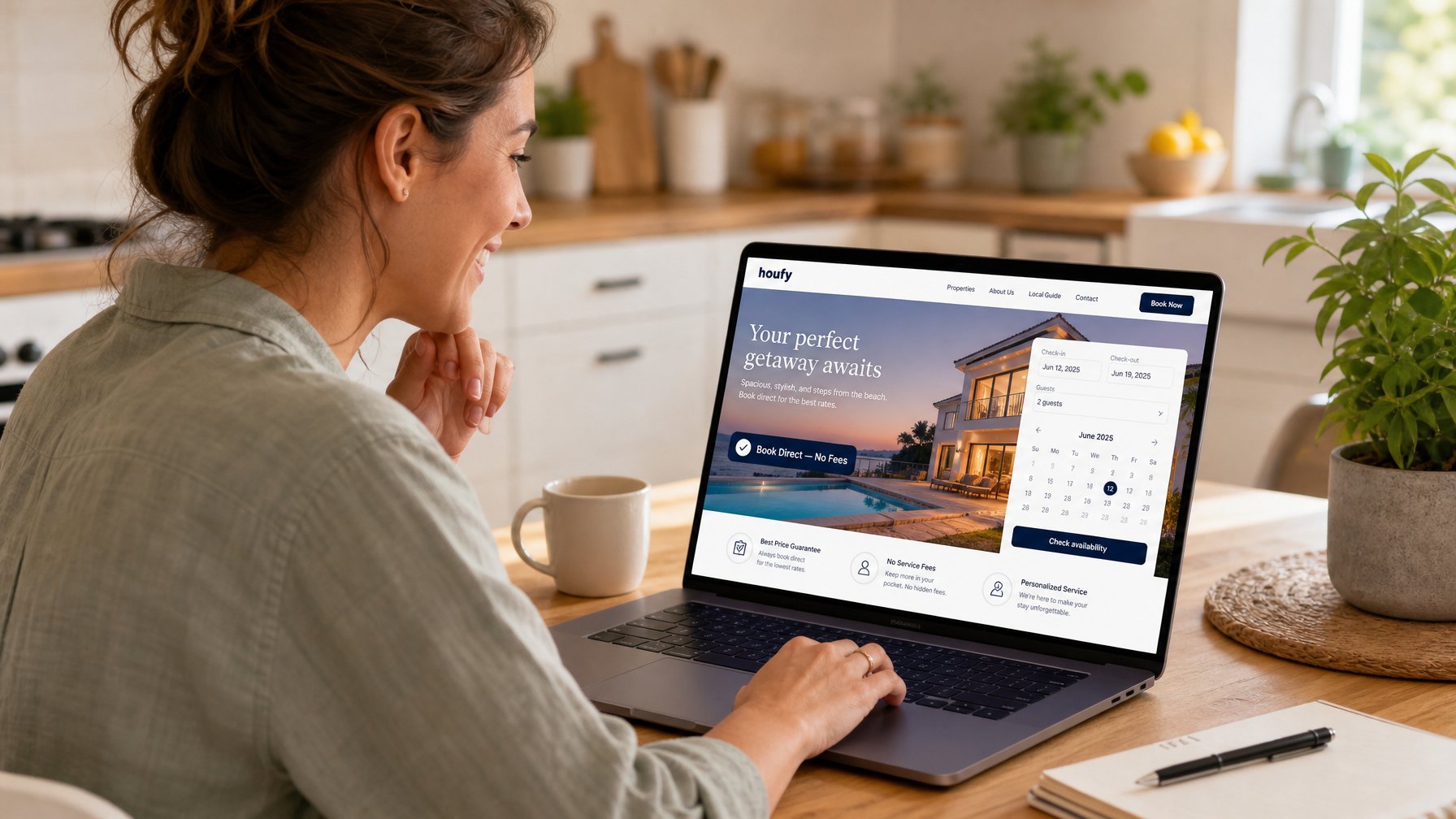 Vacation rental host smiling while viewing a professionally designed direct booking website on a laptop showing a property hero image, booking calendar widget, and Book Direct No Fees badge — Houfy AI Website Builder for vacation rental hosts 2026