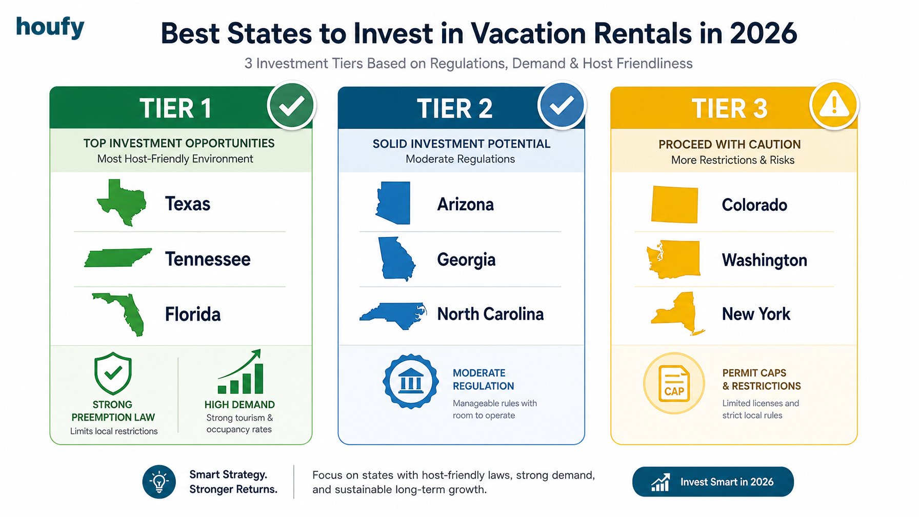 Infographic comparing best states for vacation rental investment in 2026 across three tiers — Tier 1 Texas Tennessee Florida, Tier 2 Arizona Georgia North Carolina, Tier 3 Colorado Washington New York