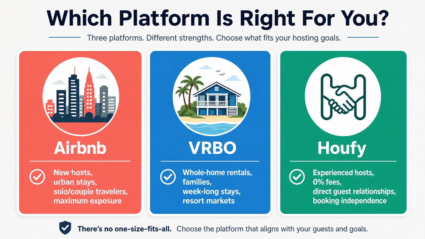 Which vacation rental platform is right for you: Airbnb for new hosts and urban stays, VRBO for whole-home family rentals, Houfy for experienced hosts who want 0% fees and direct guest relationships