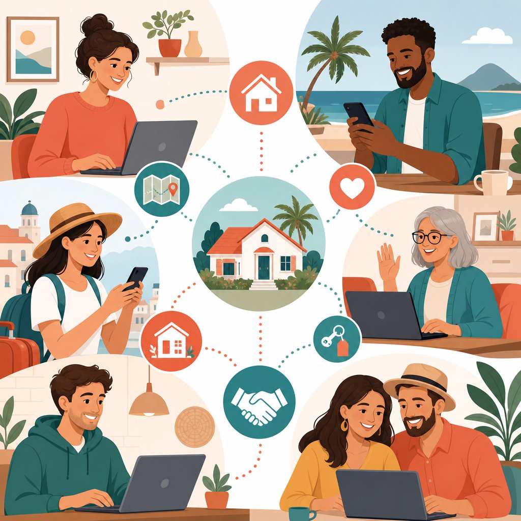 Illustration of diverse vacation rental hosts and travelers connecting directly through laptops and phones, with icons representing homes, maps, and handshakes in a coral, teal, and white palette.