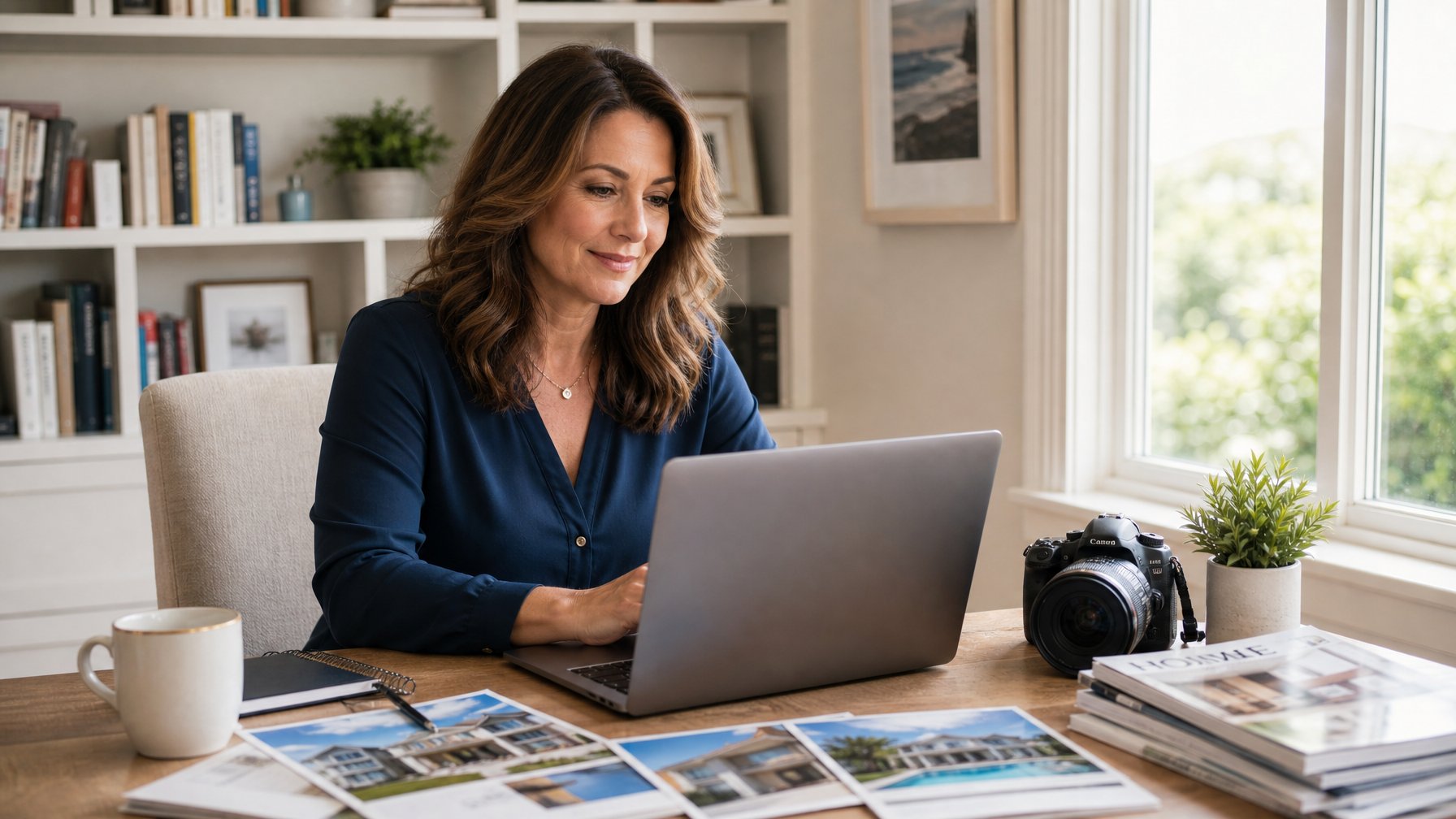 Vacation rental host working at a bright home office desk with a DSLR camera and property brochures, demonstrating the E-E-A-T expertise signal Google rewards in Discover