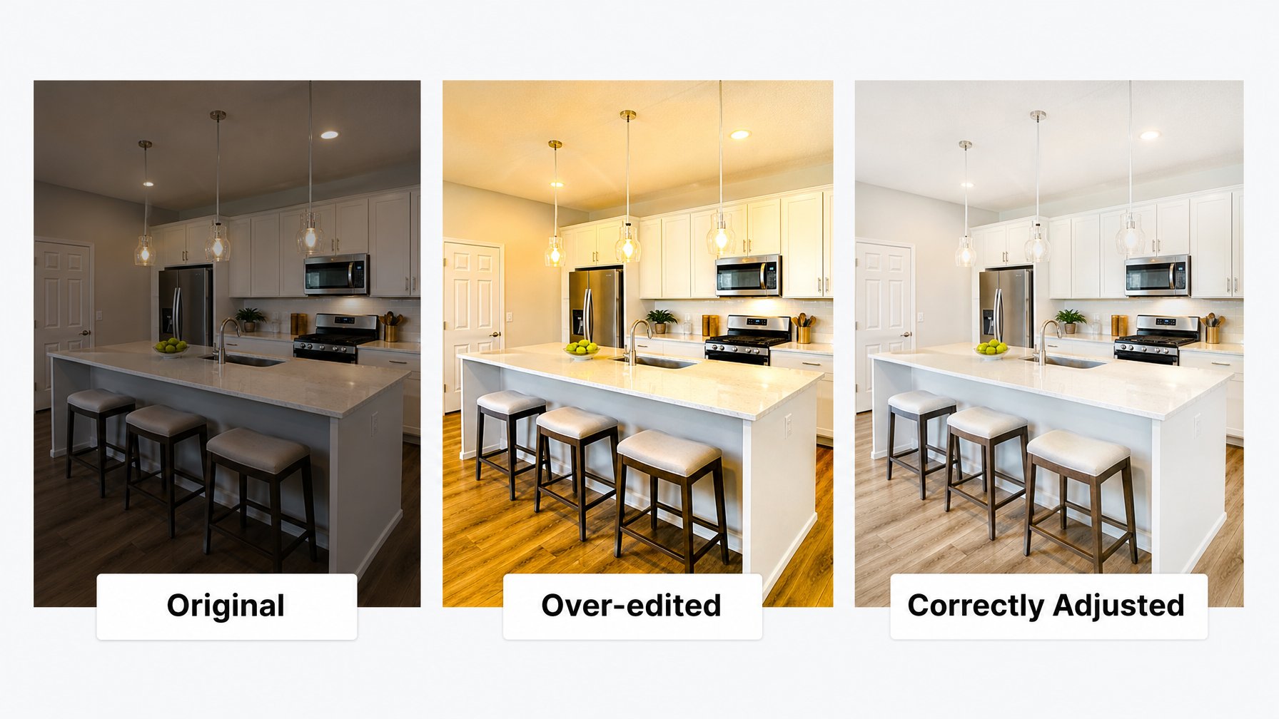 Three-panel comparison showing vacation rental kitchen photo editing — original underexposed, over-edited with garish colors, and correctly adjusted with natural brightness and clean tones, illustrating ideal vacation rental photo editing