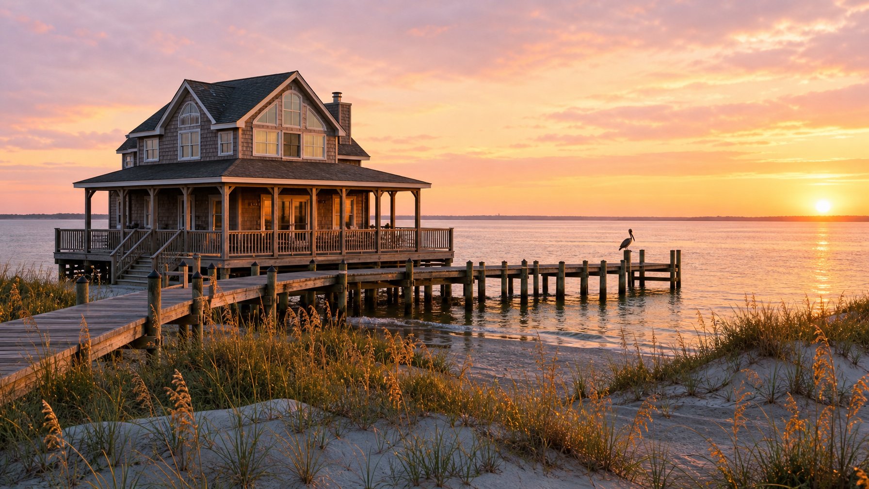 Classic fisherman's cottage vacation rental on Hatteras Island Outer Banks with a wooden pier over sound water and a pelican perched on a post at sunrise — authentic OBX coastal atmosphere