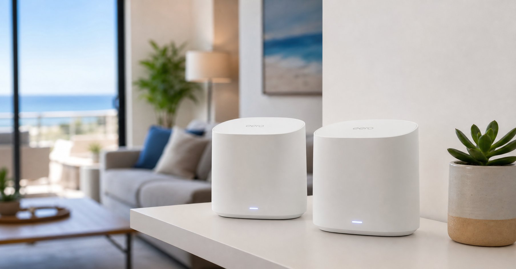 Modern mesh WiFi router nodes on shelf inside vacation rental living room — reliable high-speed internet setup for STR guest connectivity
