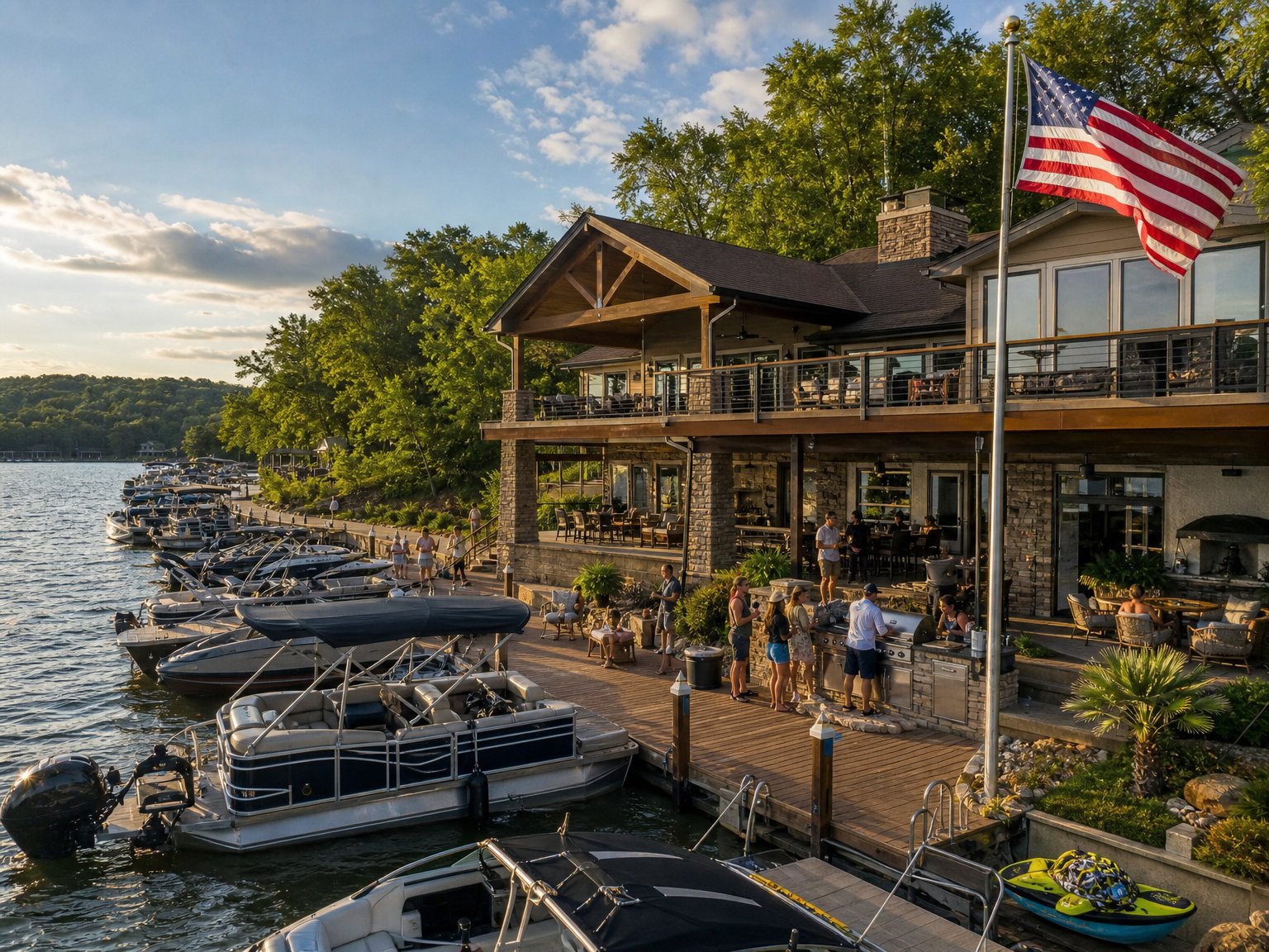 Lake of the Ozarks vacation rental dock with boats, American flag, and guests grilling on the 4th of July