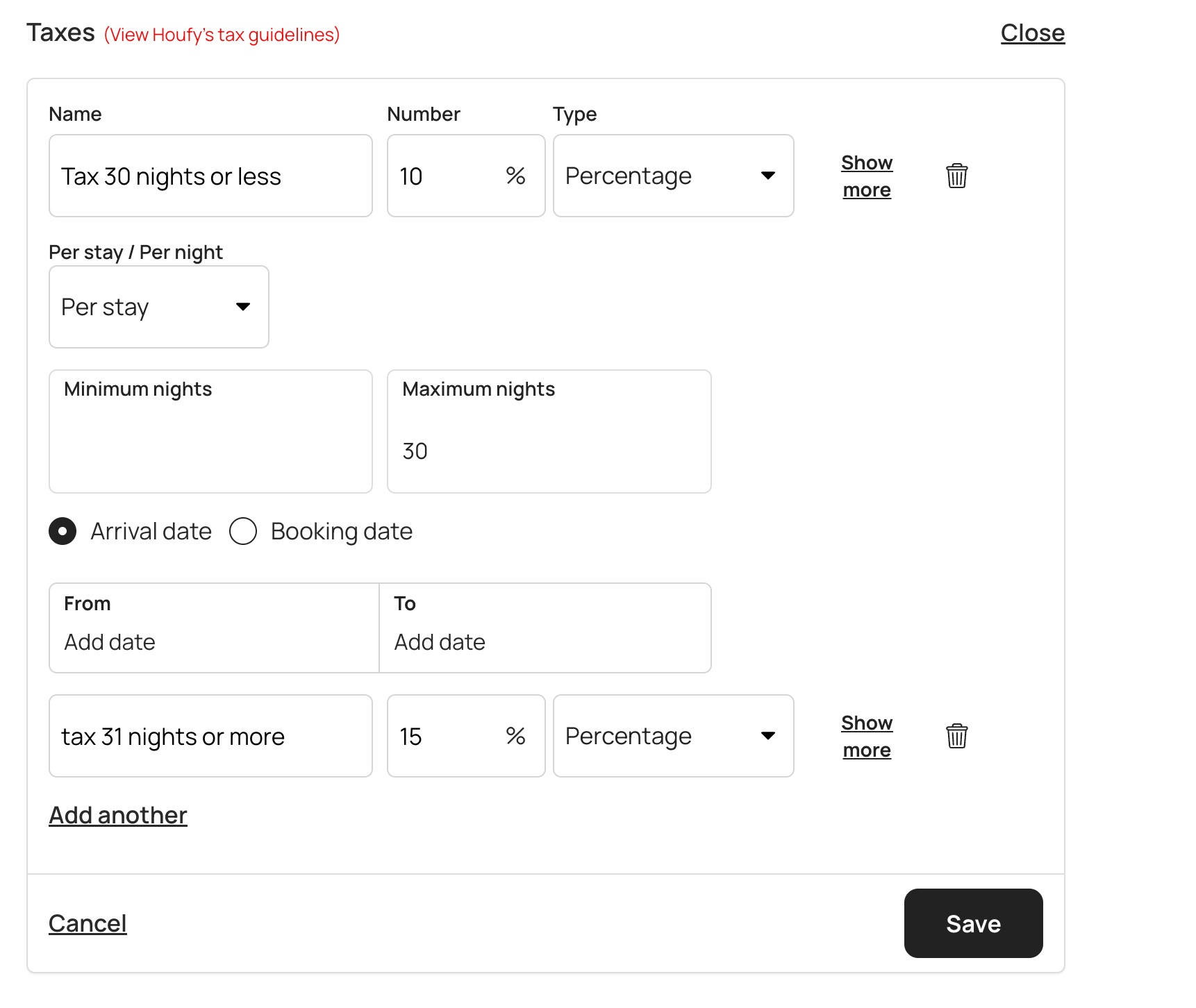 How to add taxes based on length of stay?