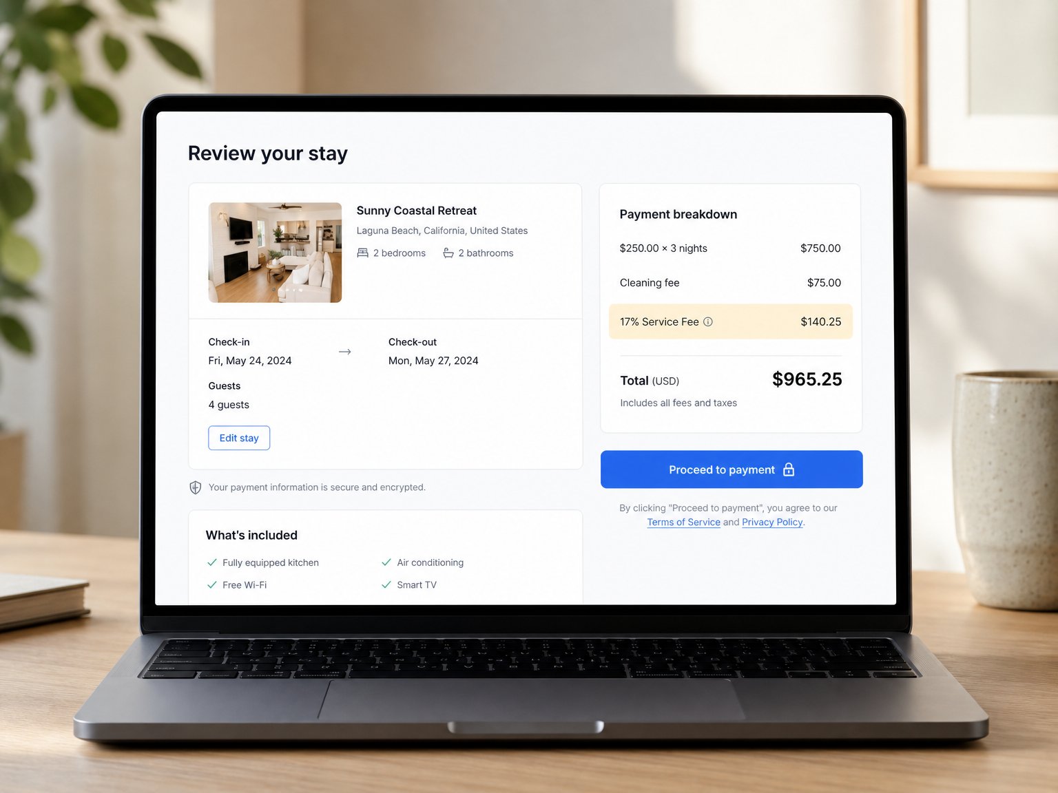 Vacation rental booking checkout screen showing an itemized 17% Booking.com service fee added to the nightly rate