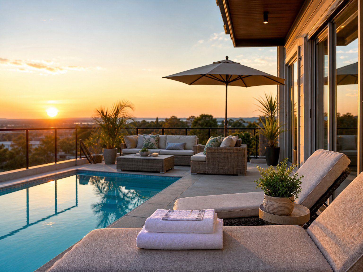 Freshly cleaned vacation rental patio and pool area reset and guest-ready at golden hour