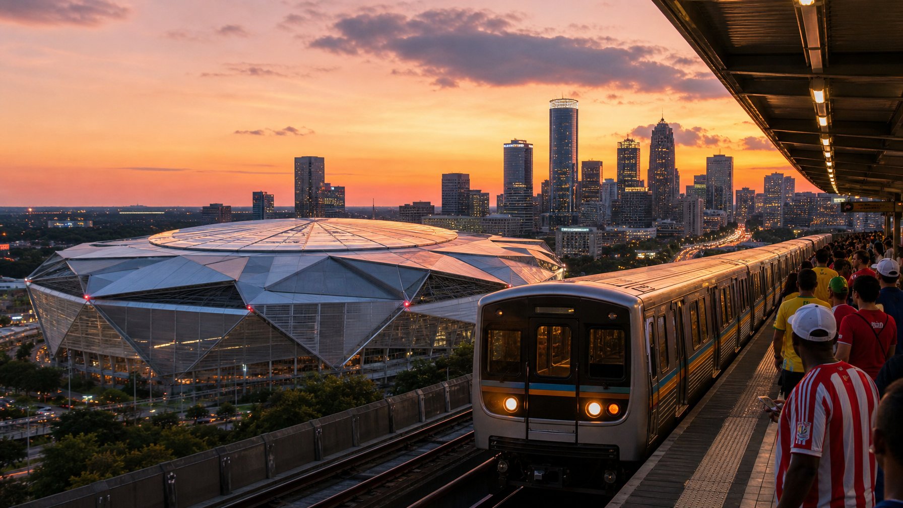 MARTA commuter train arriving at an elevated Atlanta station at sunset with the Mercedes-Benz Stadium roof and downtown Atlanta skyline in the background