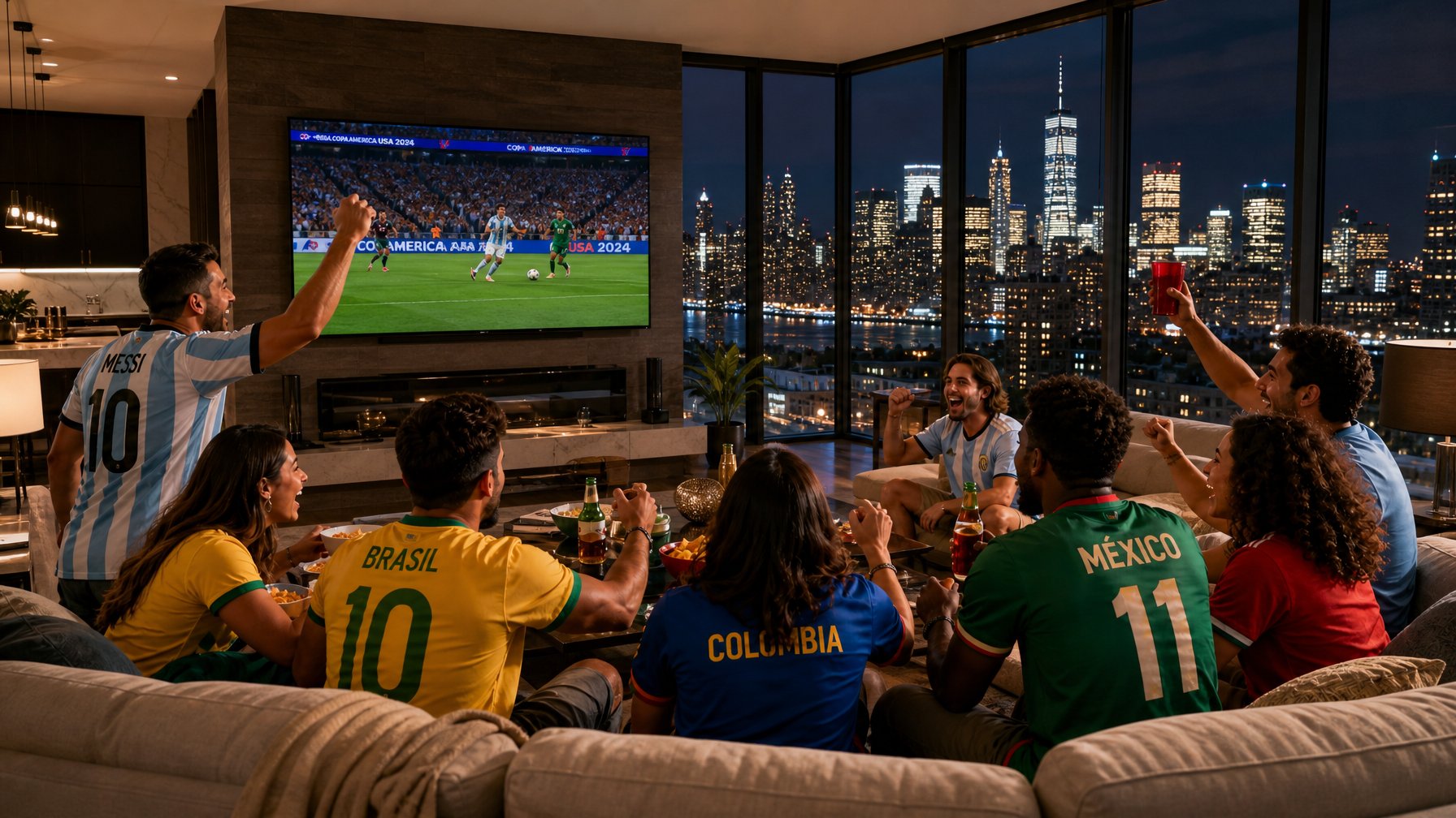 Copa América 2026 fans watching semifinal match in a New York metro vacation rental with Manhattan skyline views through large windows