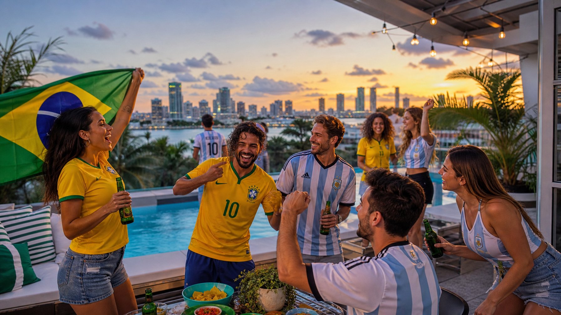 Miami vacation rental terrace with Brazilian and Argentine soccer fans celebrating Copa América and World Cup matches against the Miami skyline at dusk