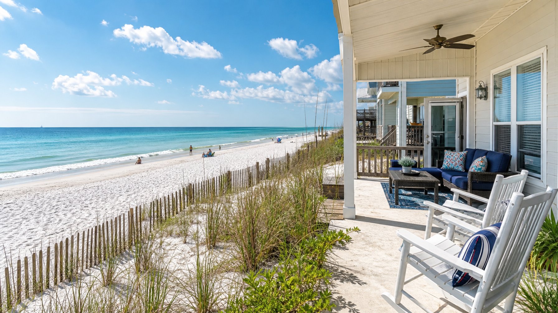 A Gulf Shores Alabama beach vacation rental with calm turquoise Gulf of Mexico water and white sand beach, ideal for families booking direct in summer 2026