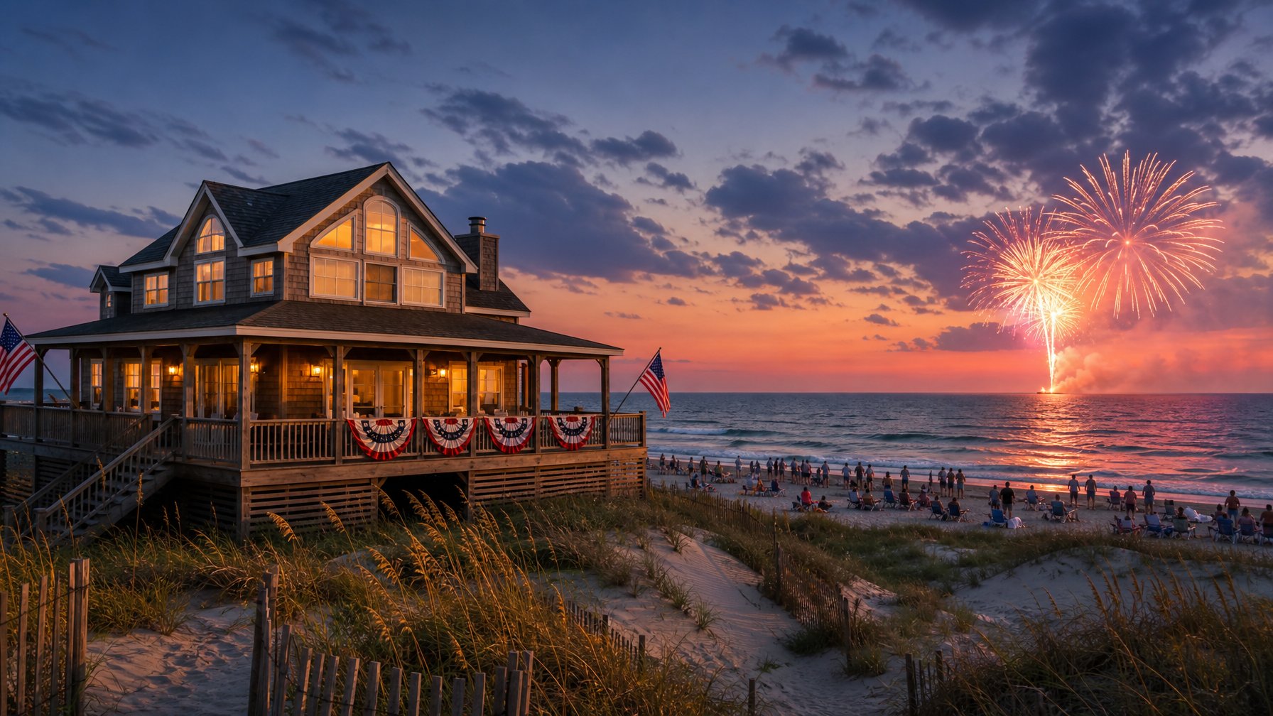 Nags Head Outer Banks vacation rental with American flag bunting on the deck and Fourth of July fireworks bursting over the Atlantic Ocean at dusk — peak OBX summer celebration